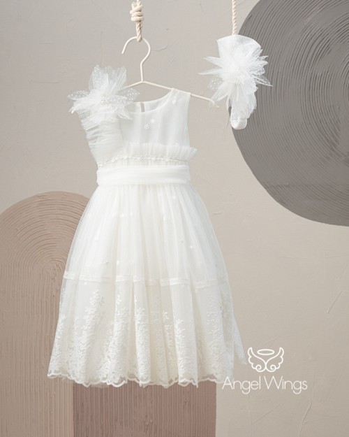 Μακρύ φόρεμα από κεντημένο τούλι off white